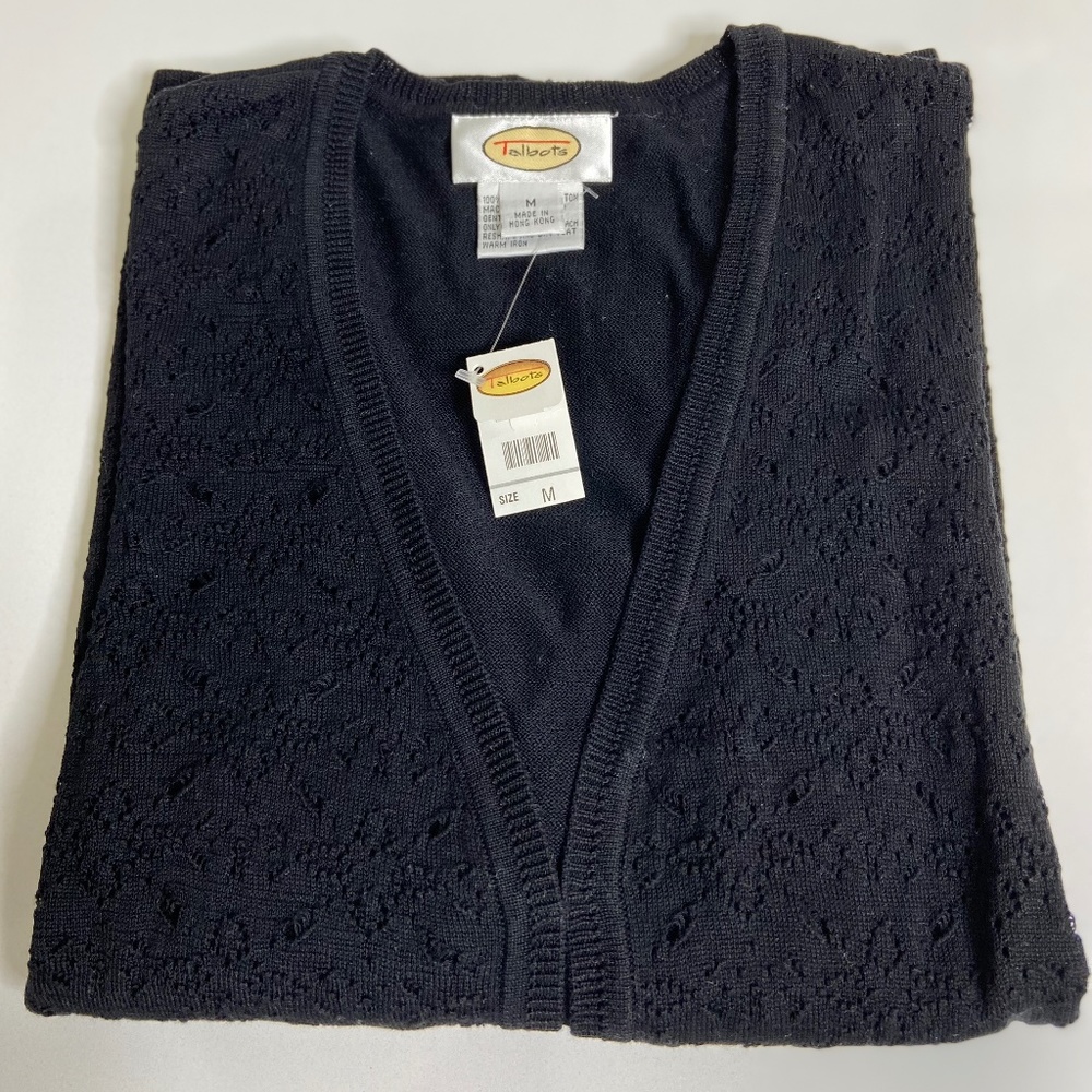 Talbots Thin, Lightweight, Lacy, Black, Cotton Cardigan V-neck Sweater; Med; NWT